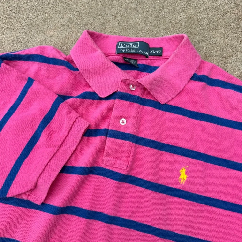 Polo Ralph Lauren Polo Shirt Mens XL Pink Blue Striped Cotton Preppy Classic